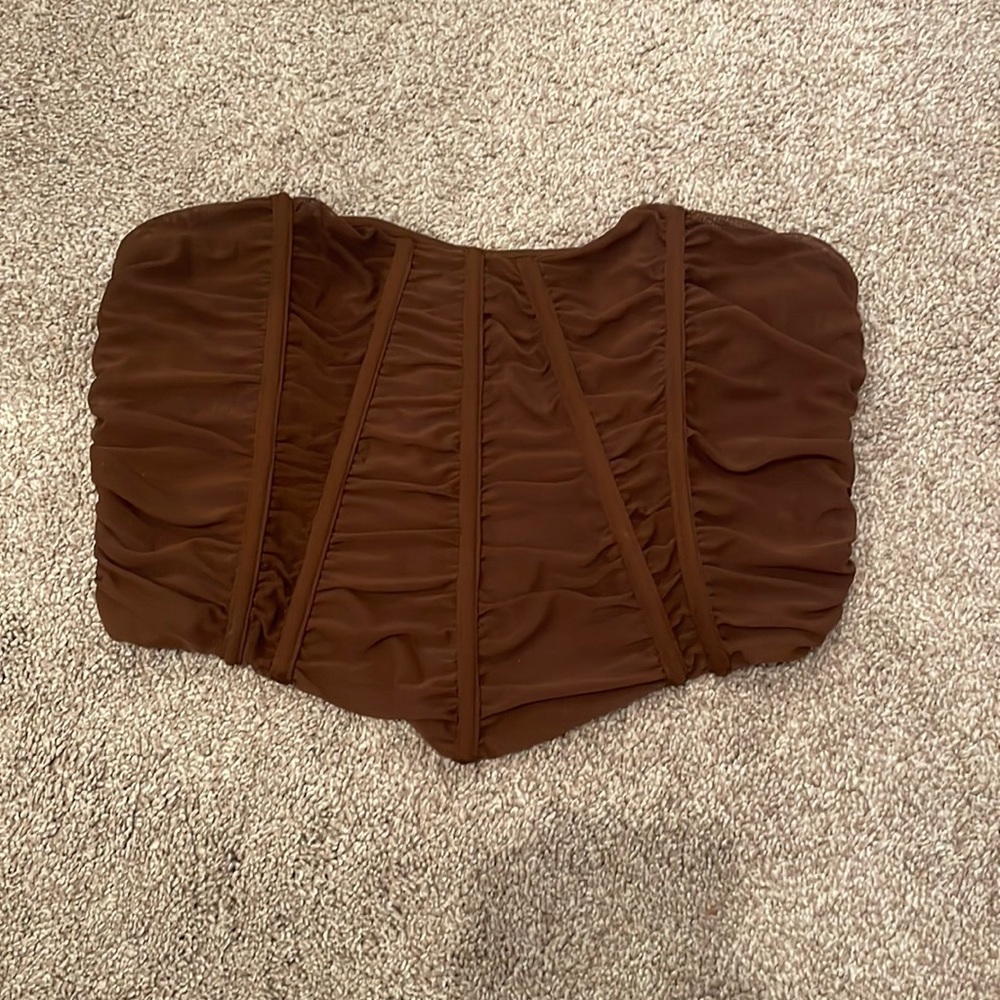 brown strapless going out top!